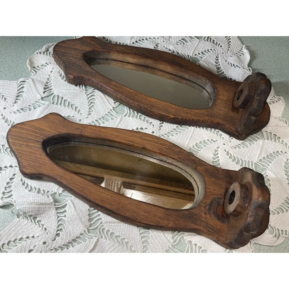 Vintage Pair Of Wooden Wall Hanging Mirrored Taper Candle Holder Sconce Rustic